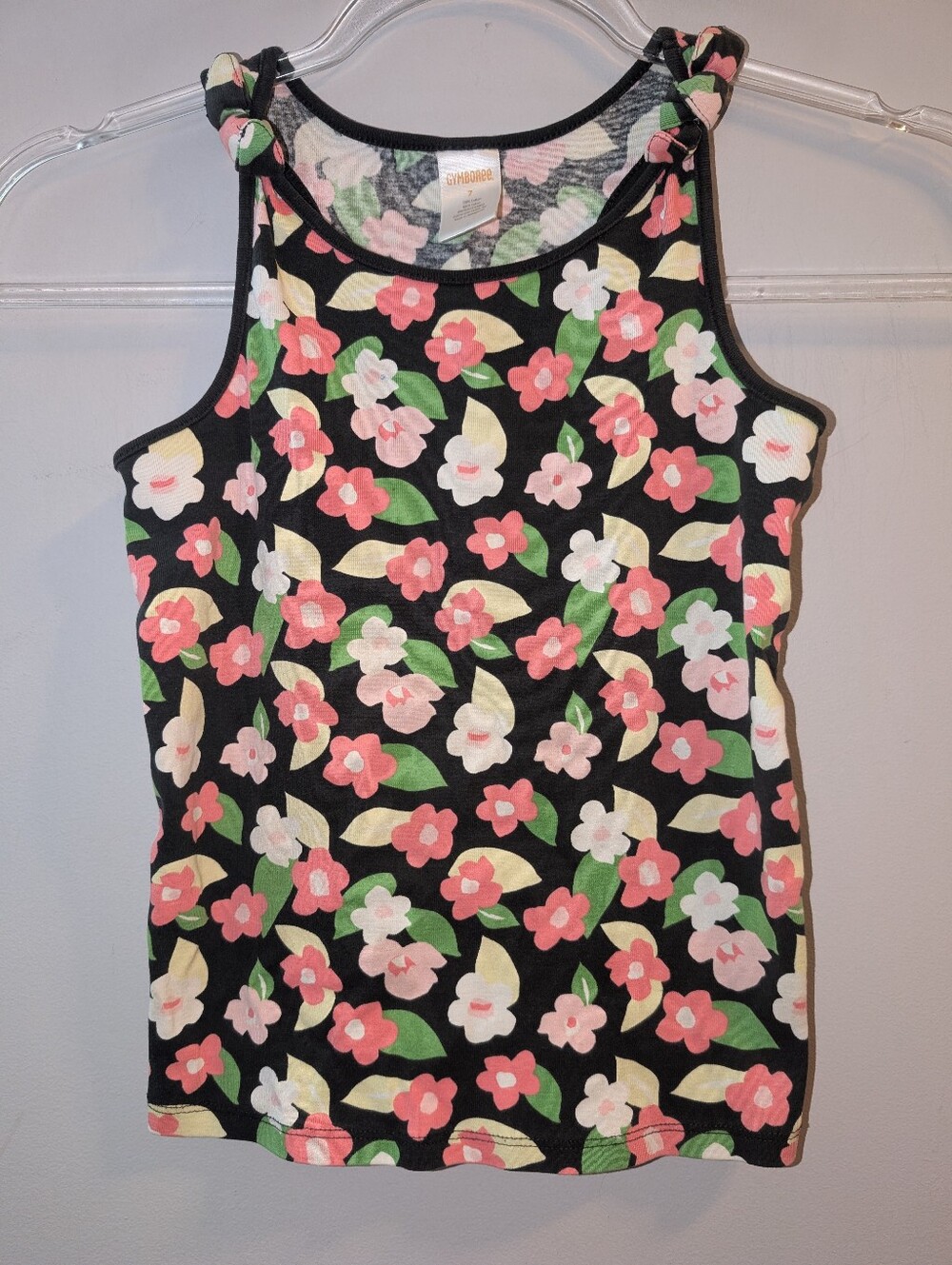 🌴 Gymboree Palm Beach Paradise Girls' Black Floral Knot-Shoulder Tank Top Sz 7